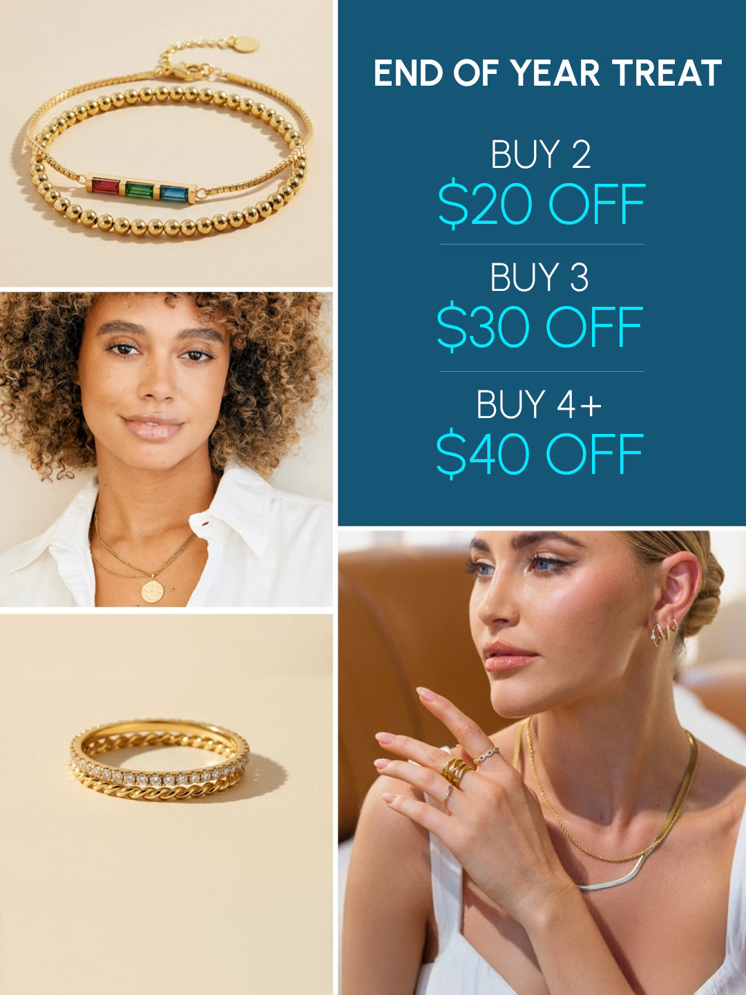 Jewelry advertisement with gold bracelets, rings, and necklaces on a beige background, featuring promotional text.