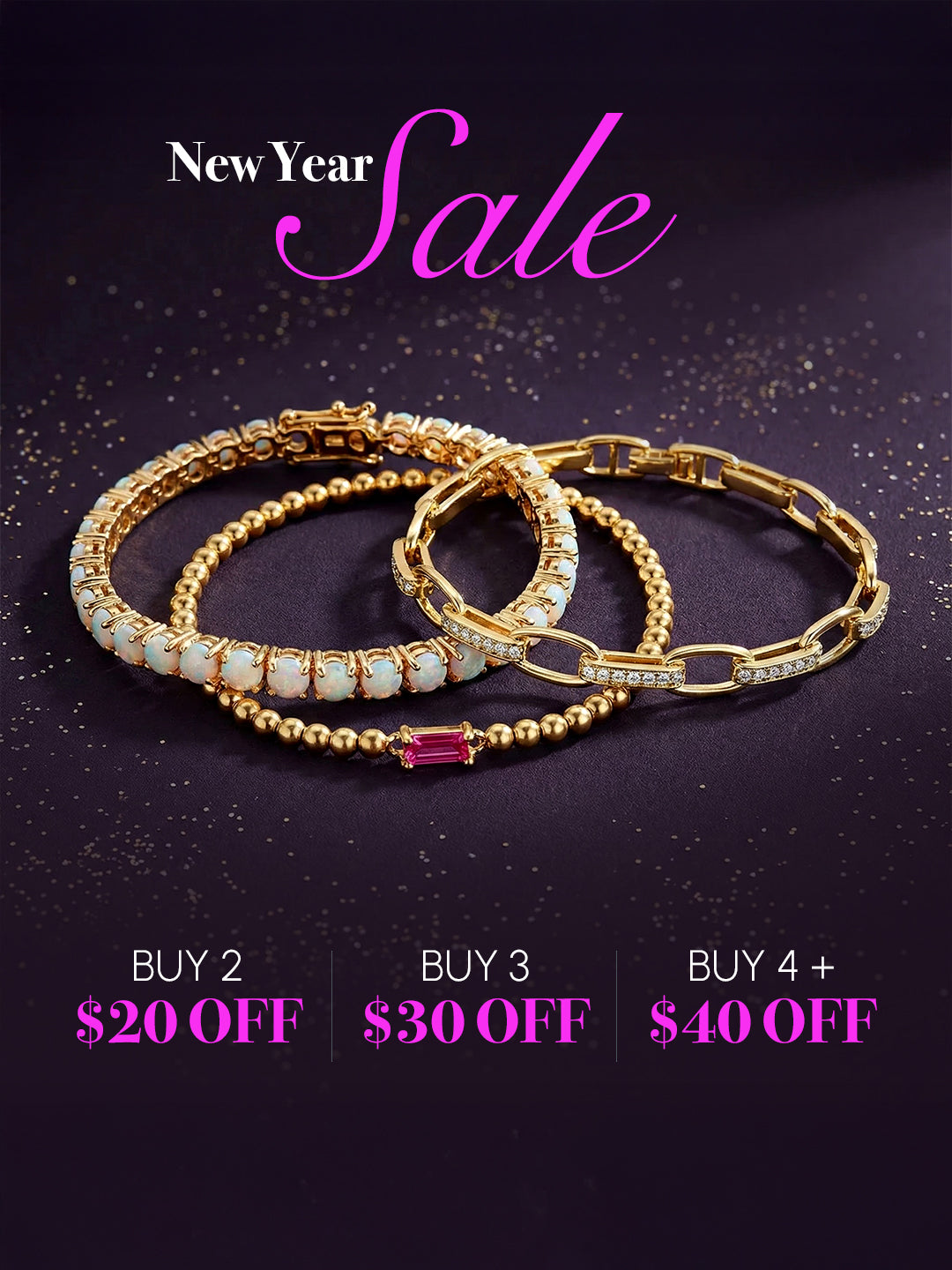Gold bracelets with gemstones on a dark background with New Year Sale text and discount offers.