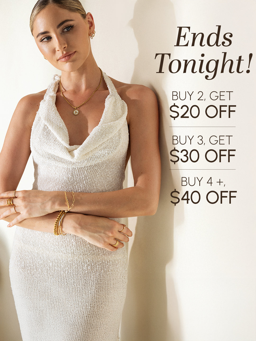Woman in a white dress with promotional text overlay on a plain background
