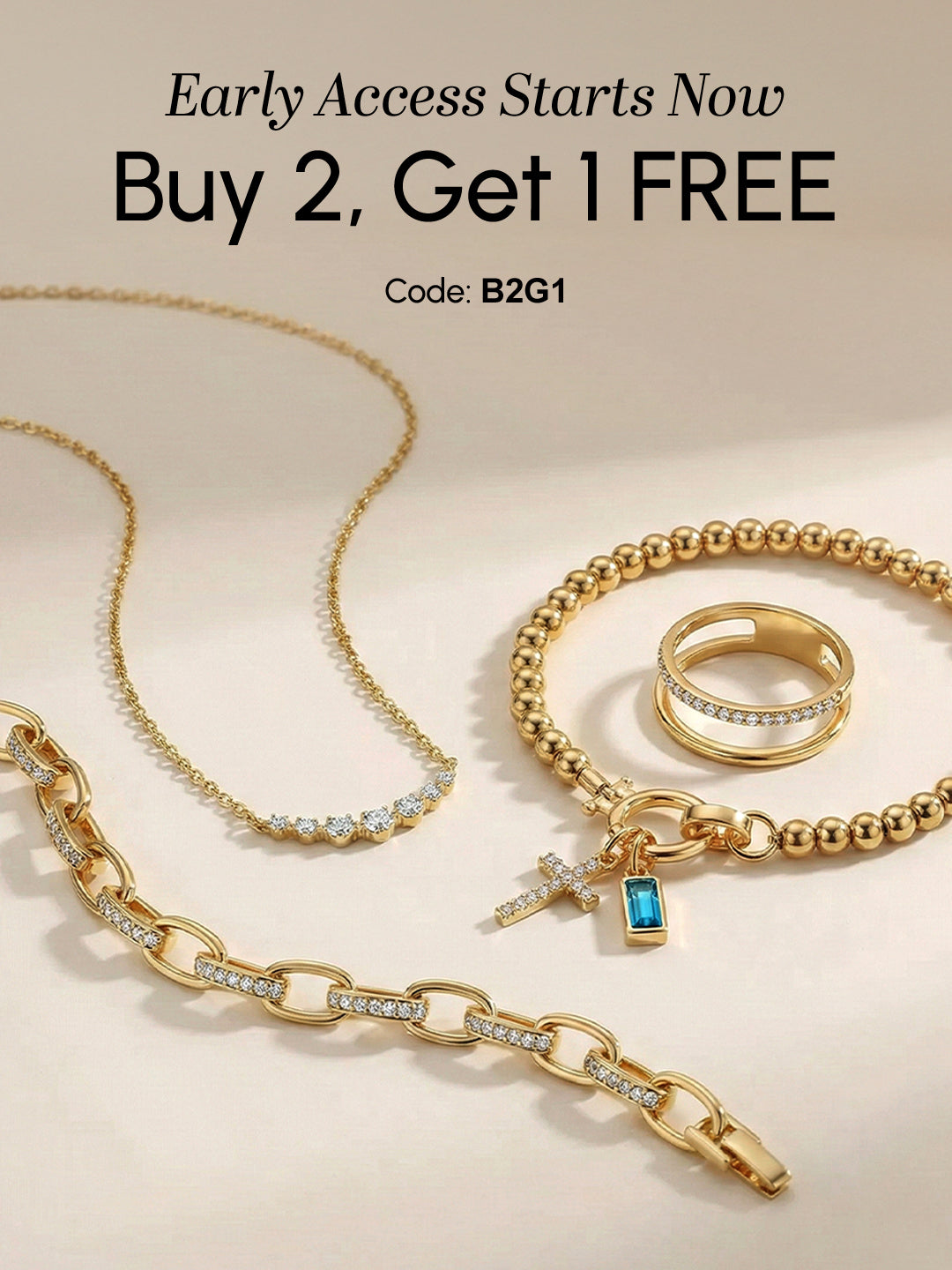Gold jewelry set with necklace and ring on a beige background, promotional text overlay.