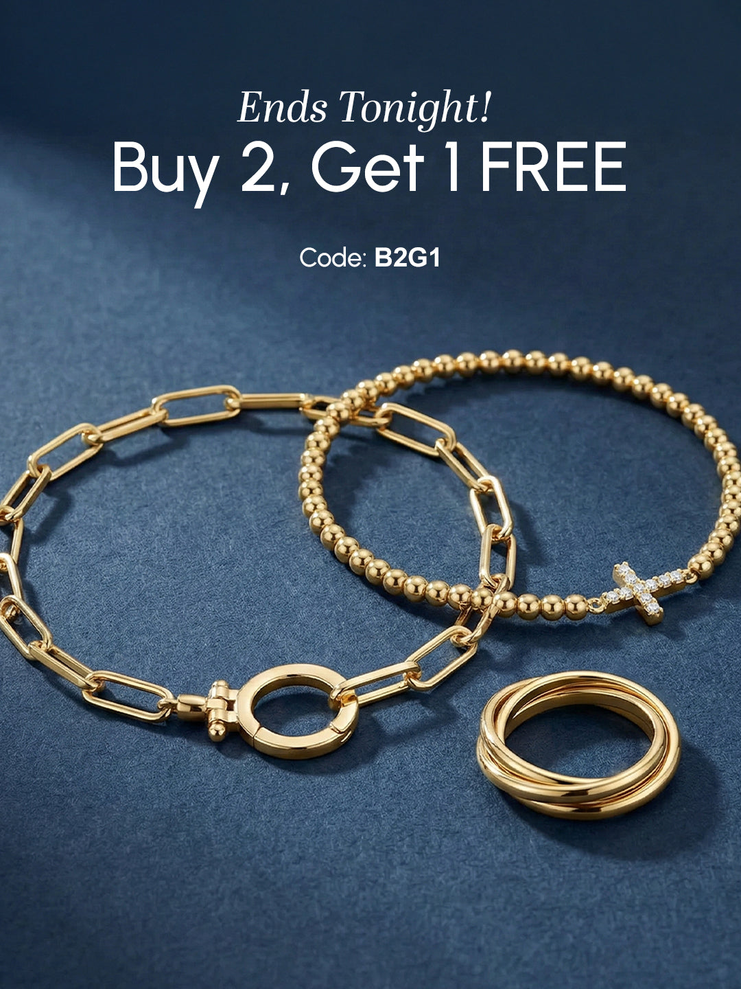 Gold bracelets and ring on a blue background with promotional text.