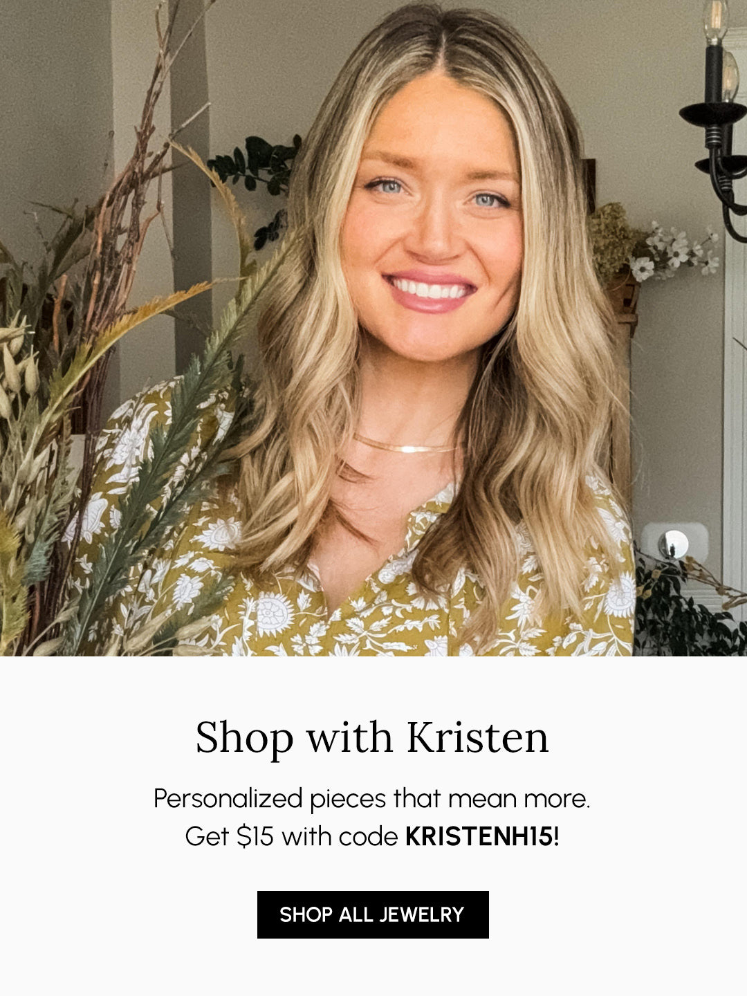 Woman with blonde hair and floral top in a home setting with decorative elements.