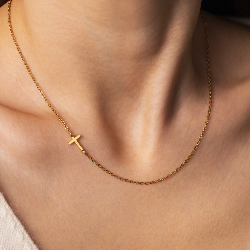 Dainty Sideways Cross Necklace - Gold