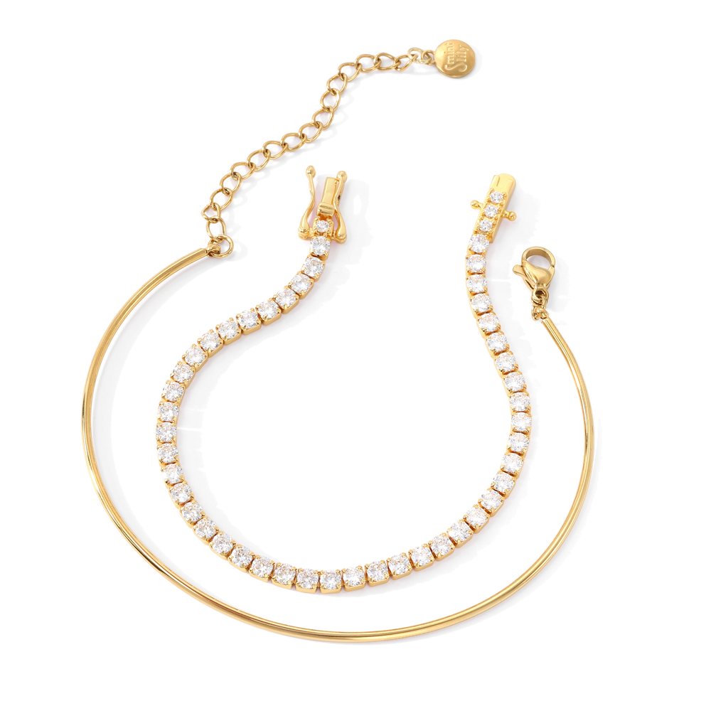 Tennis & Bar Cuff Stack - 18k Gold Plated