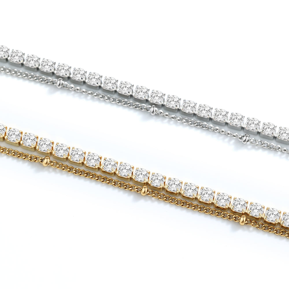 Tennis Bracelet and Satellite Chain Bracelet Bundle - Gold / 7"