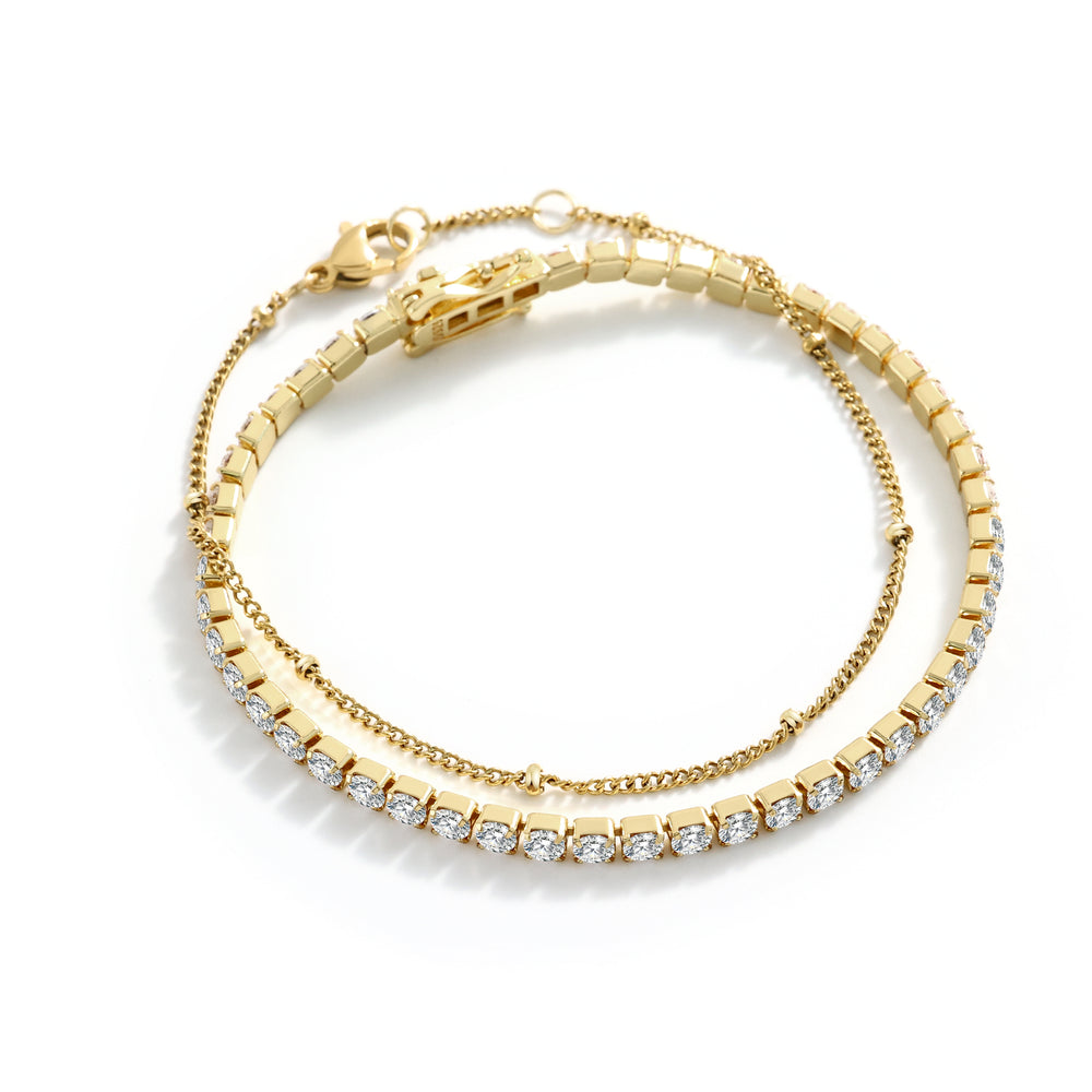 Tennis Bracelet and Satellite Chain Bracelet Bundle - Gold / 7"