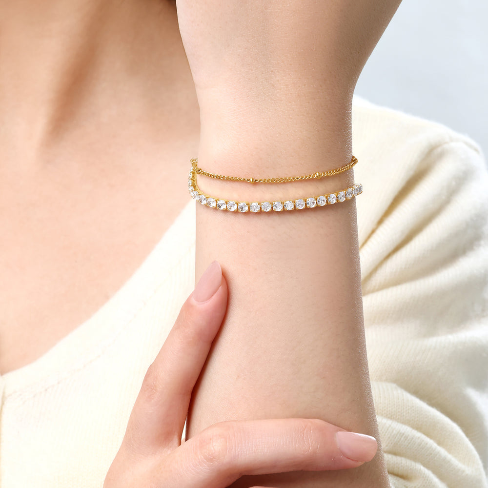 Tennis Bracelet and Satellite Chain Bracelet Bundle - Gold / 7"