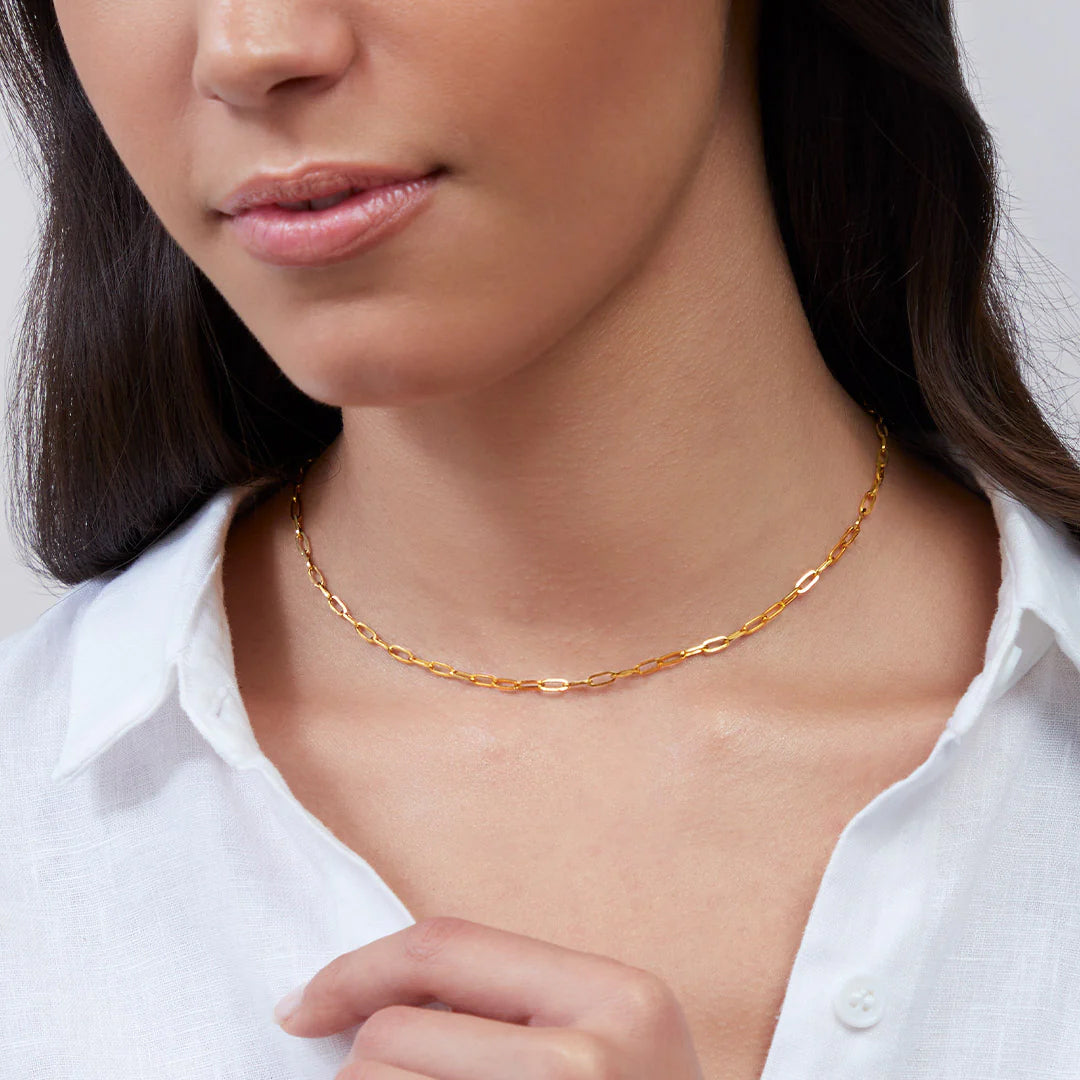 Close-up of a person wearing a gold necklace with a plain background