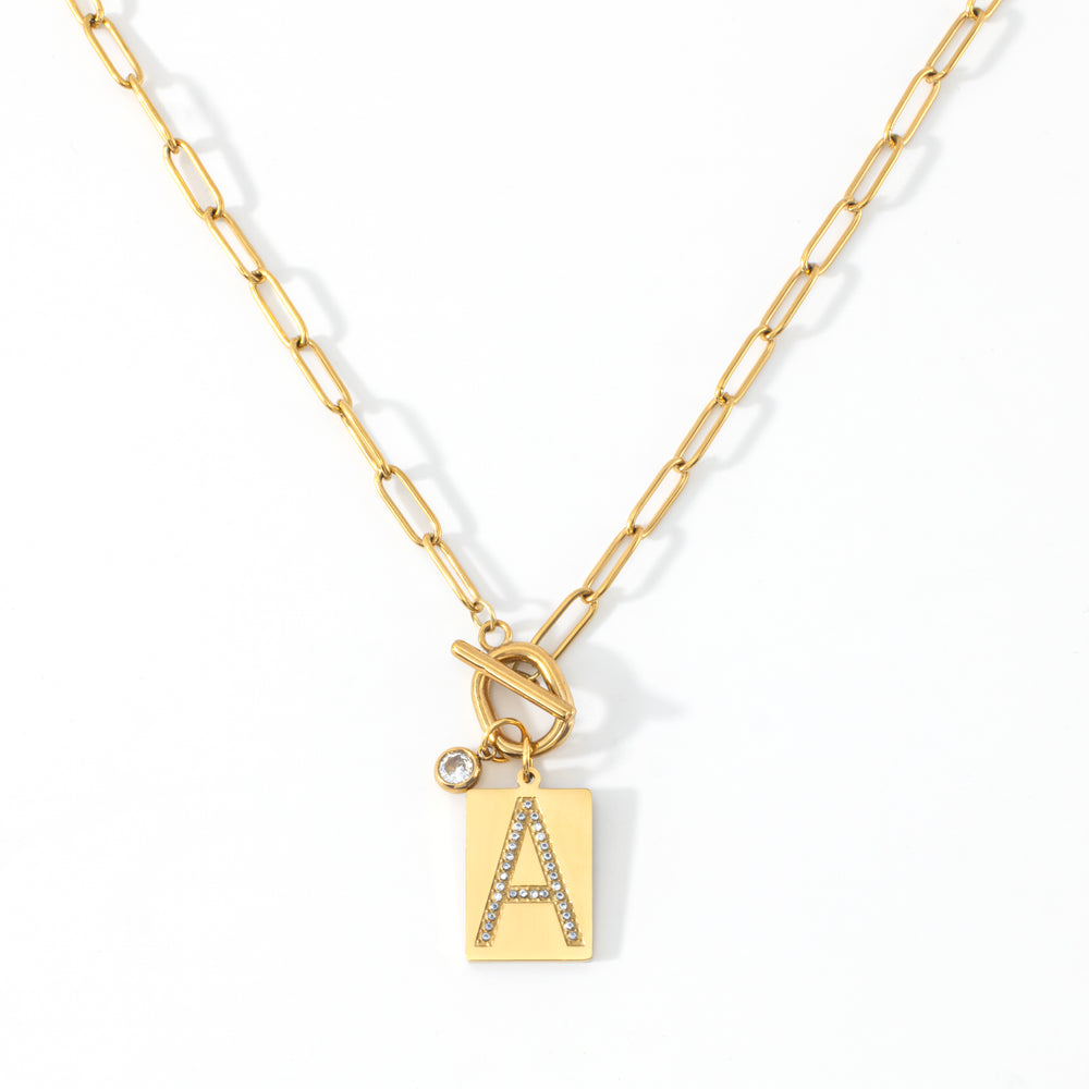 Toggle Necklace with Pave Initial Pendant - Gold / A / 18"
