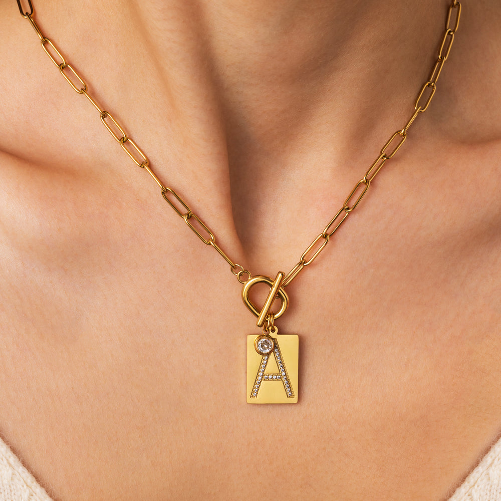 Toggle Necklace with Pave Initial Pendant - Gold / A / 18"