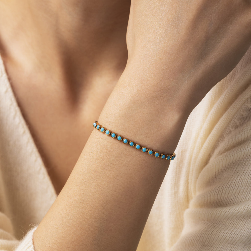 Turquoise Bezel Set Tennis Bracelet - Gold / 6.5" + 1"