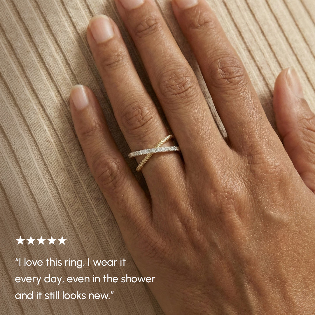 Hand wearing a gold ring on a wooden surface with a five-star rating text.