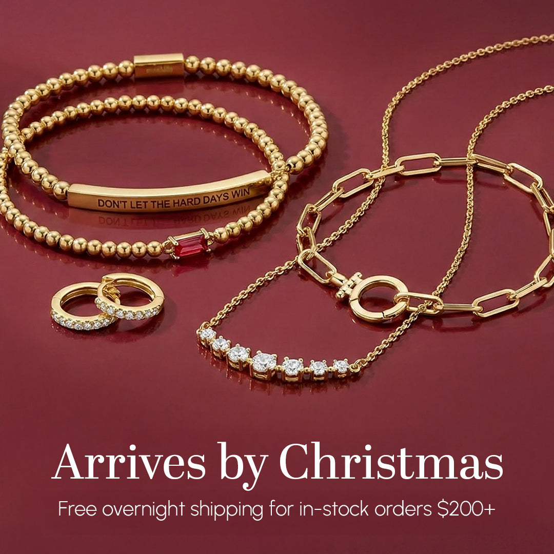 Gold jewelry set including bracelet, ring, and necklace on a red background with promotional text.
