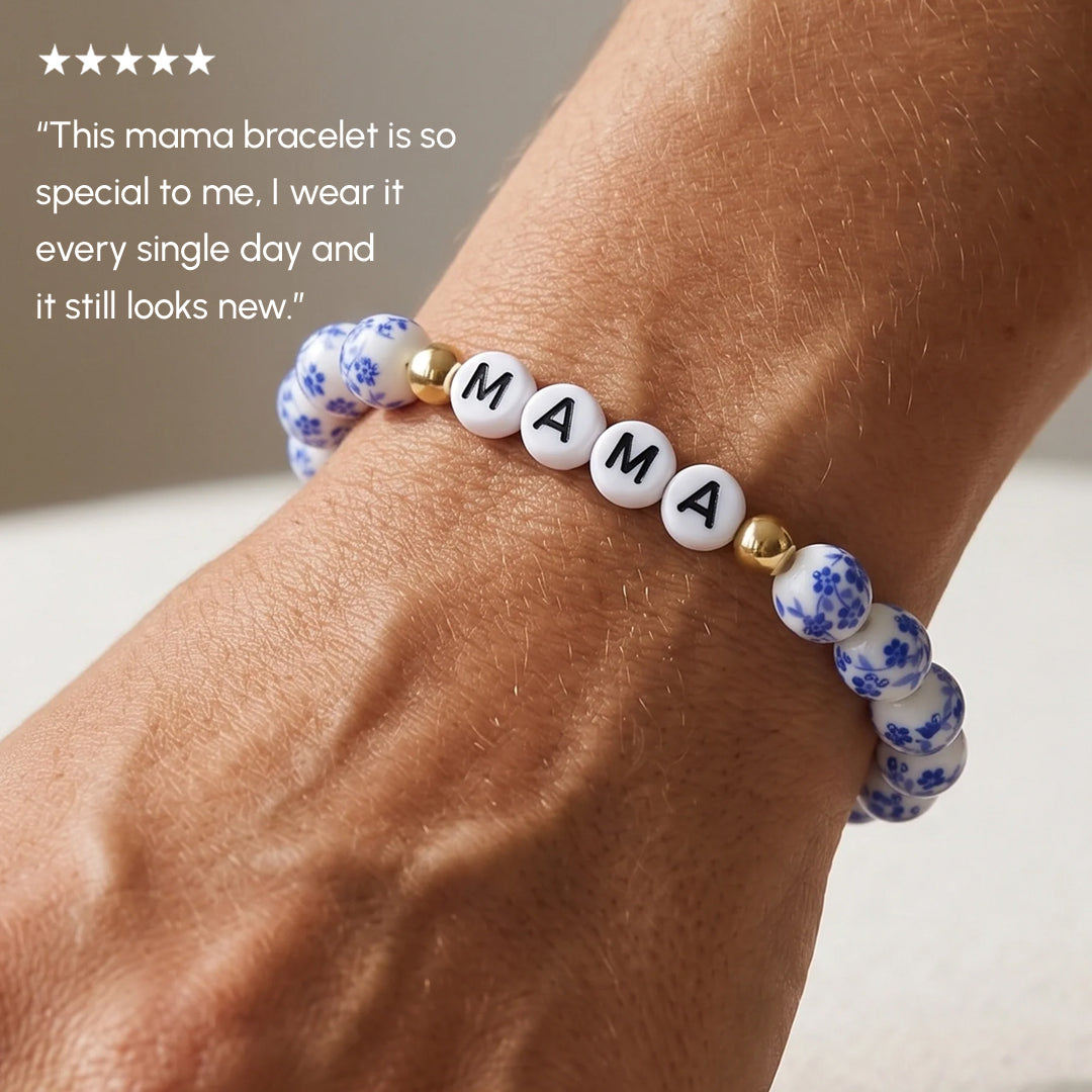 Bracelet with 'MAMA' beads on a wrist, with text about its specialness.
