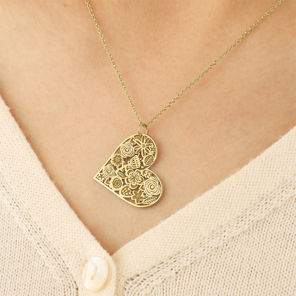 Cut Out Floral Heart Necklace - 18k Gold Over Sterling Silver
