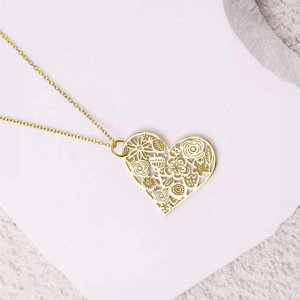 Cut Out Floral Heart Necklace - 18k Gold Over Sterling Silver