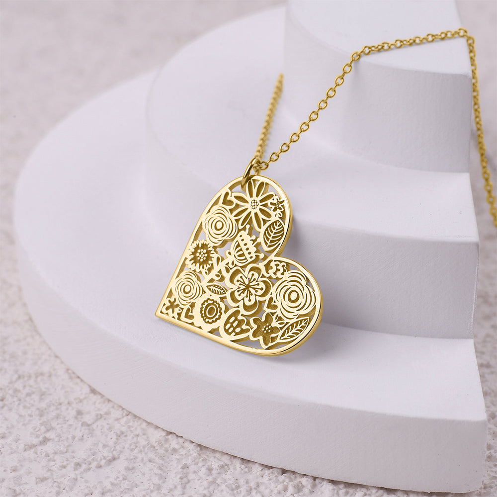 Cut Out Floral Heart Necklace - 18k Gold Over Sterling Silver