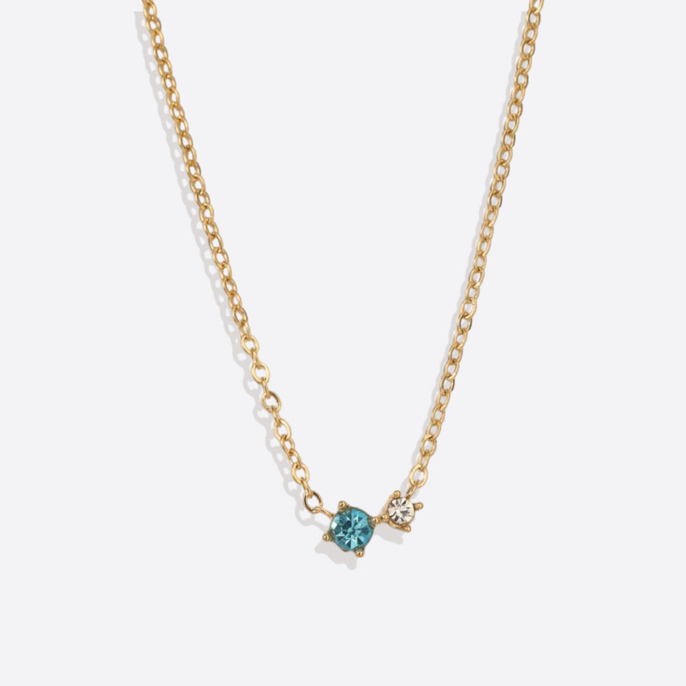 Dainty Birthstone Solitaire Necklace with Diamond Accent - March Aquamarine