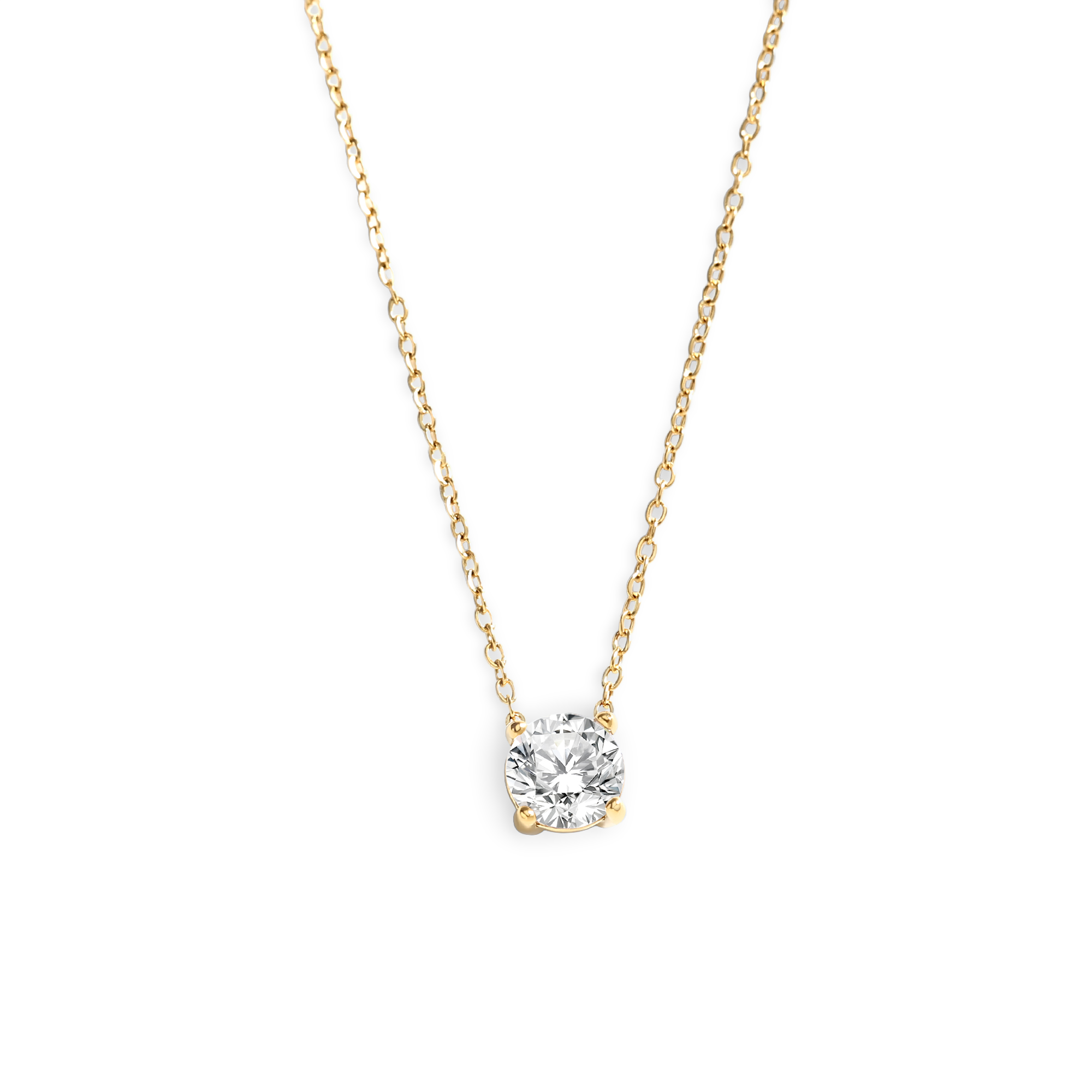 Gold necklace with a diamond pendant on a white background