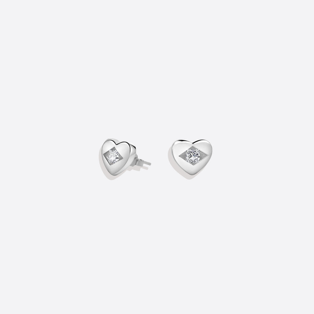 Diamond Heart Stud Earrings - 925 Sterling Silver