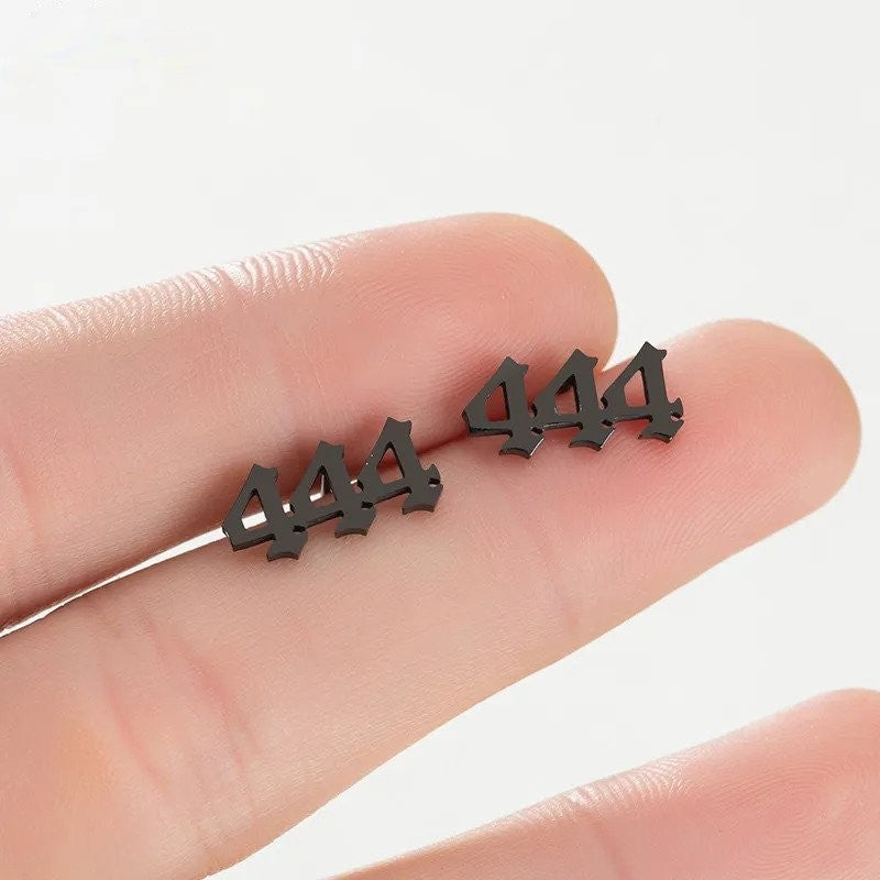 Tiny Angel Number Earrings - Black / 777