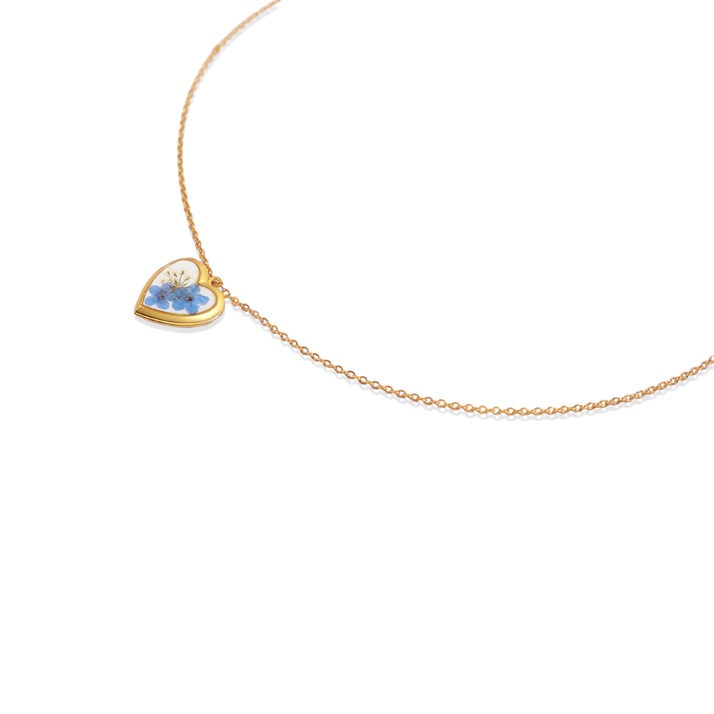 Handmade Pressed Flower Photo Heart Locket - Gold / Blue Forget-Me-Not