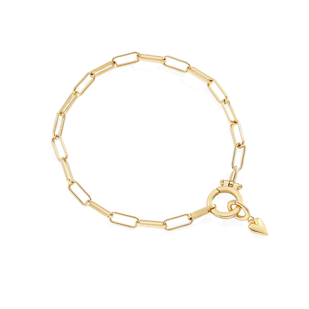 Gold chain bracelet with a heart clasp on a white background