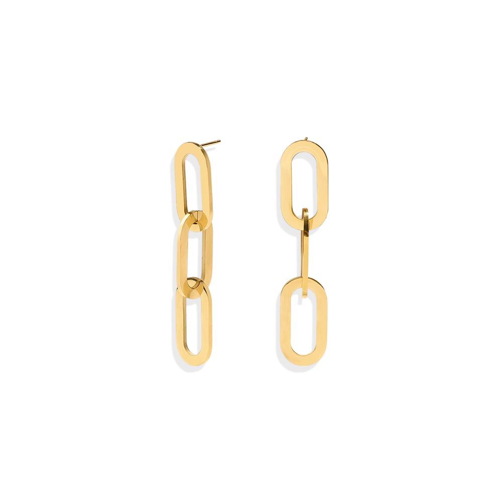 A pair of chunky chain link earrings made of gold-colored metal, featuring interlocking oval links with a straight post attachment.