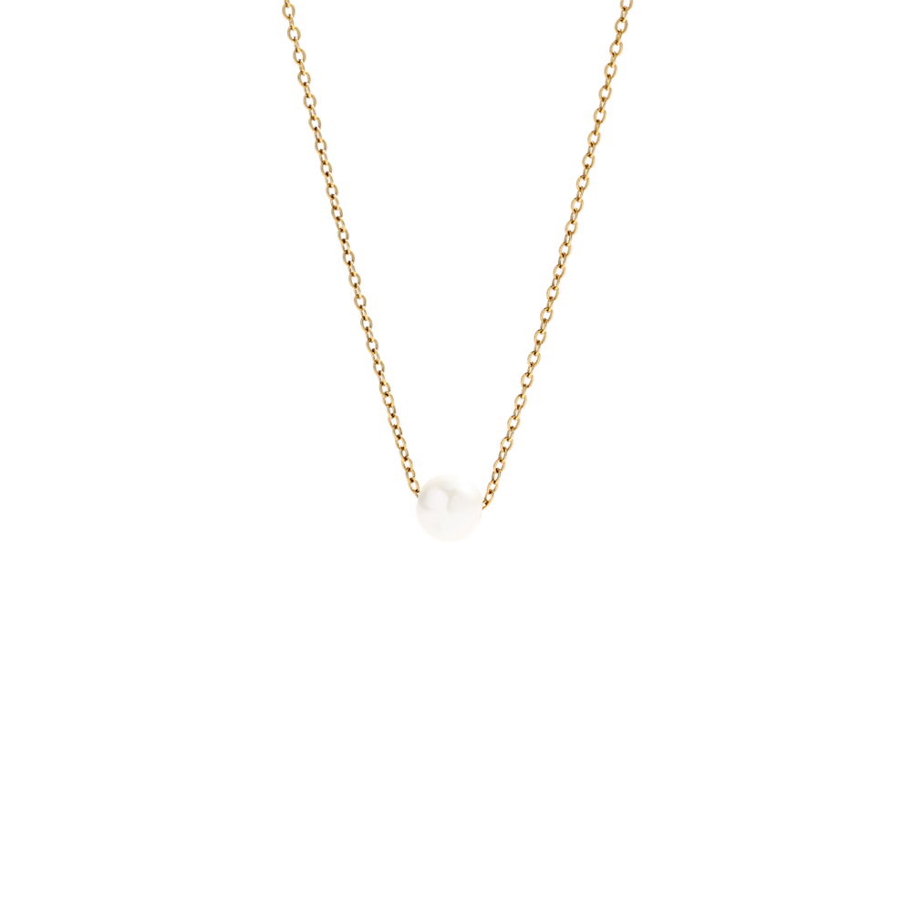Gold necklace with a single pearl pendant on a white background
