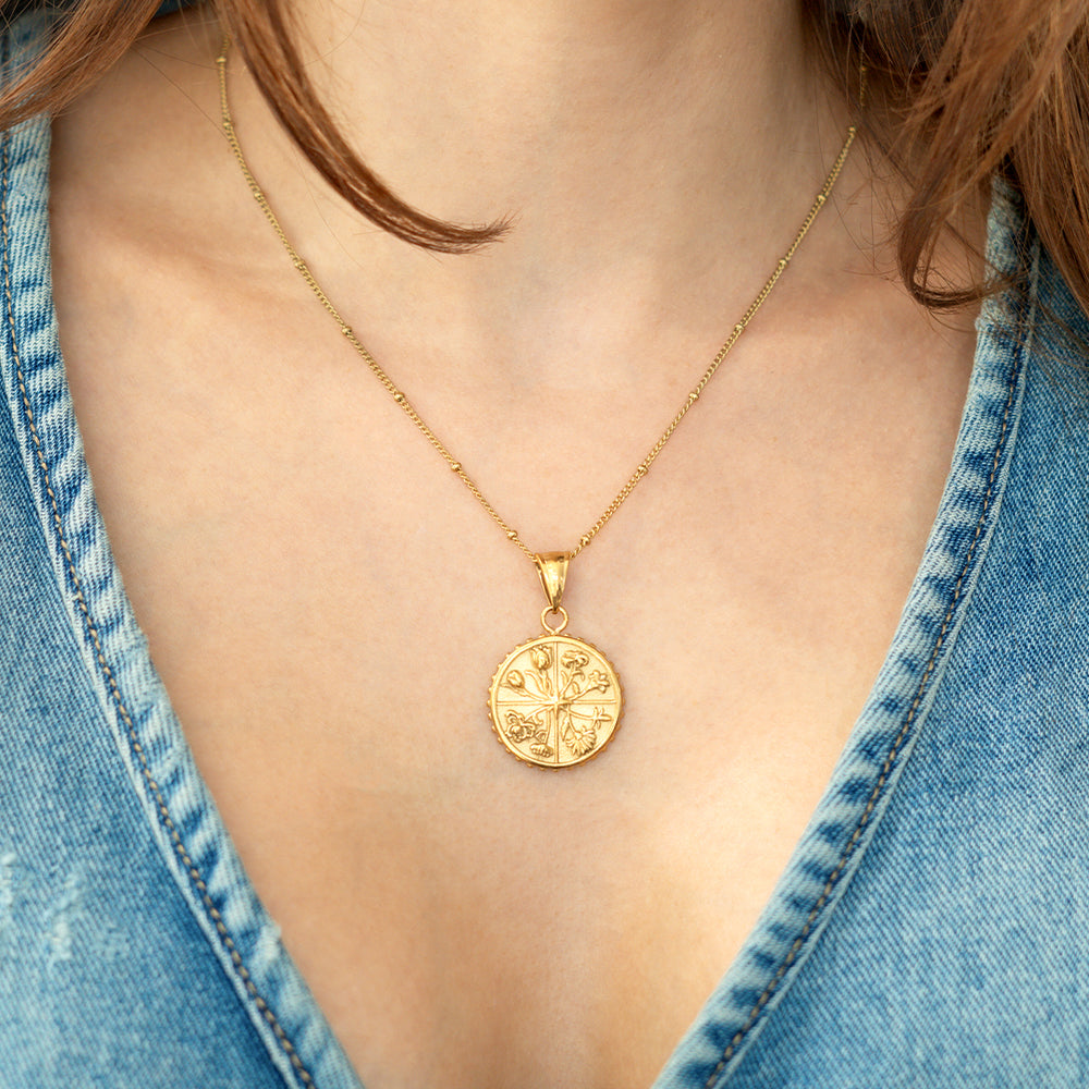 Floral Coin Pendant Necklace - Default Title
