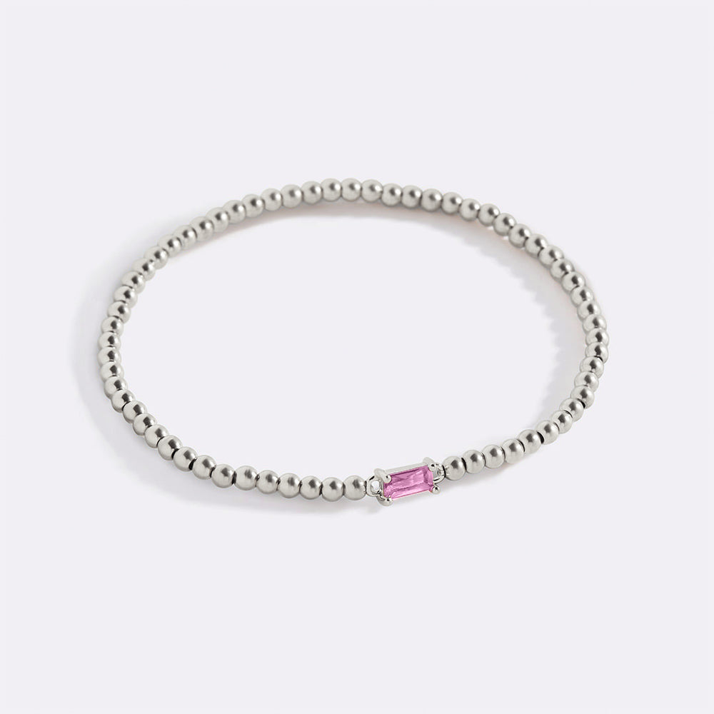 Sterling Silver Beaded Birthstone Bracelet - October Pink Tourmaline / 7.5"