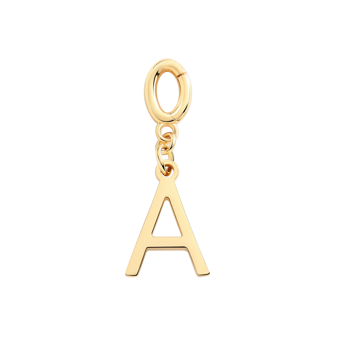 A gold-colored initial charm with a sleek design, attached to a loop via a small chain.
