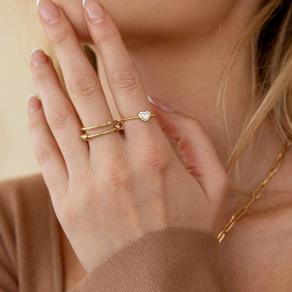Tiny Gemstone Heart Stacking Ring - White Mother of Pearl / 9