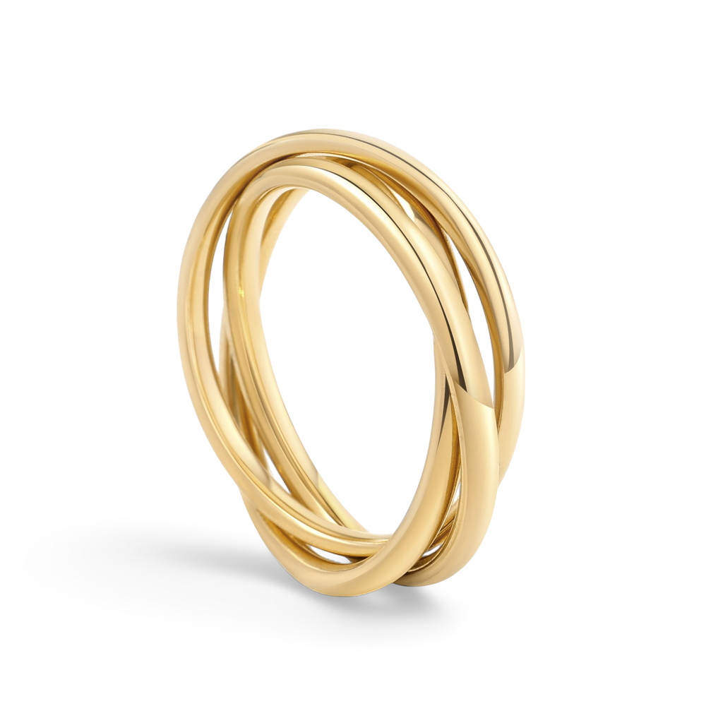 A gold-colored interlocking fidget ring on a white background.