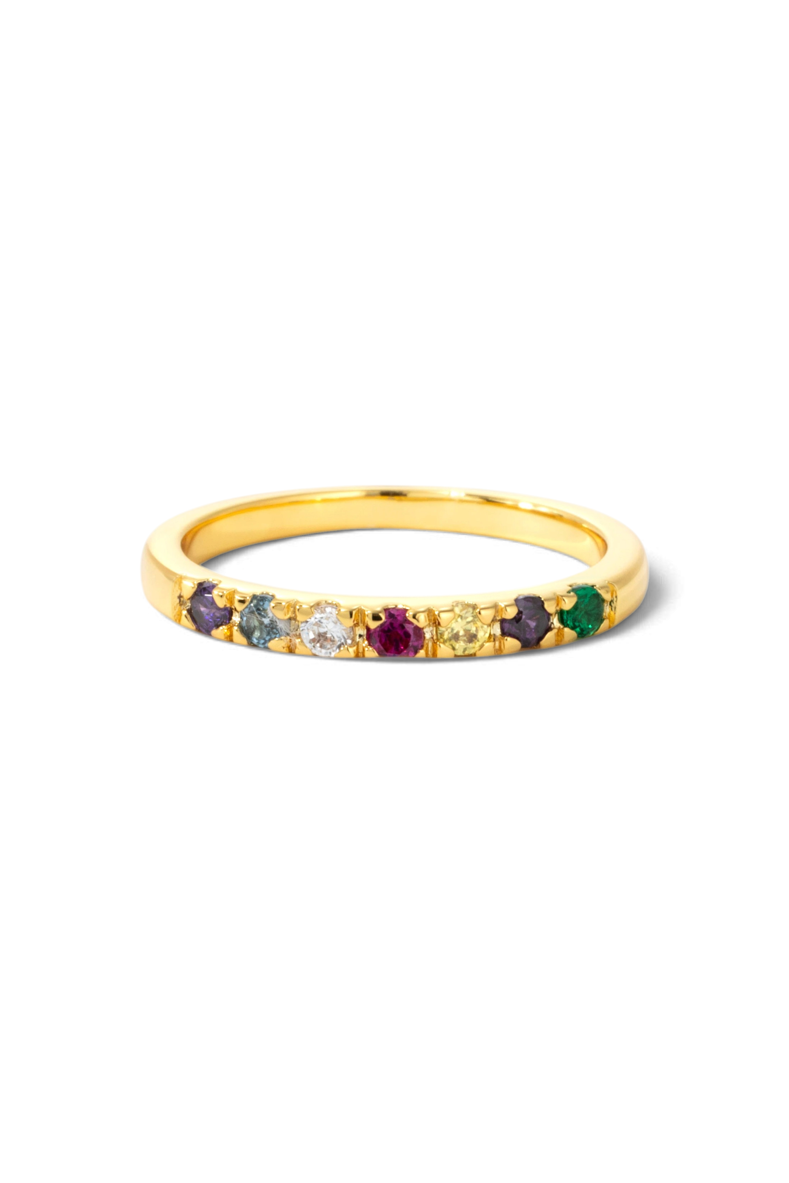 Dainty Stackable Birthstone Ring in gold with a row of colorful birthstones.