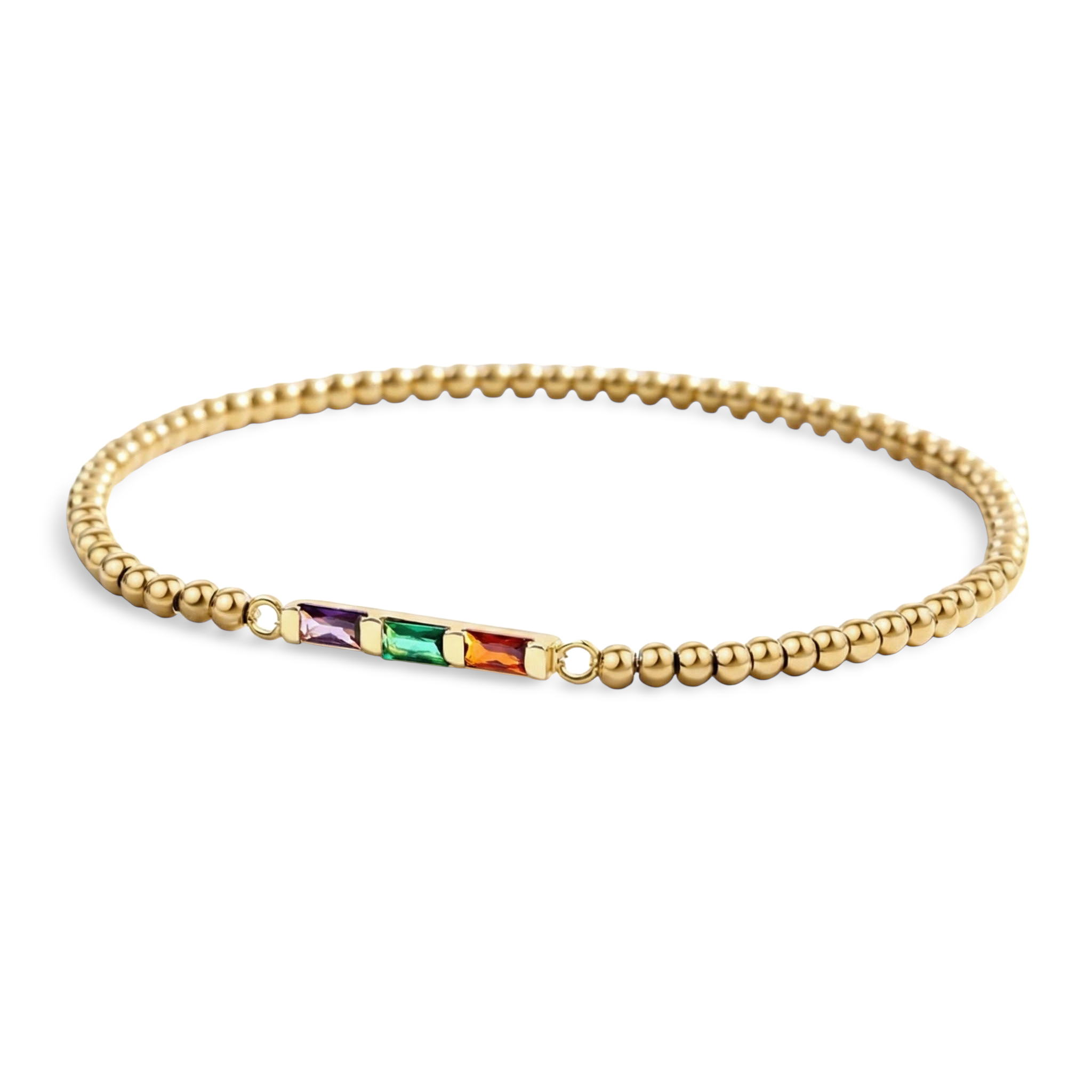 Gold beaded bracelet with colorful beads on a light gray background