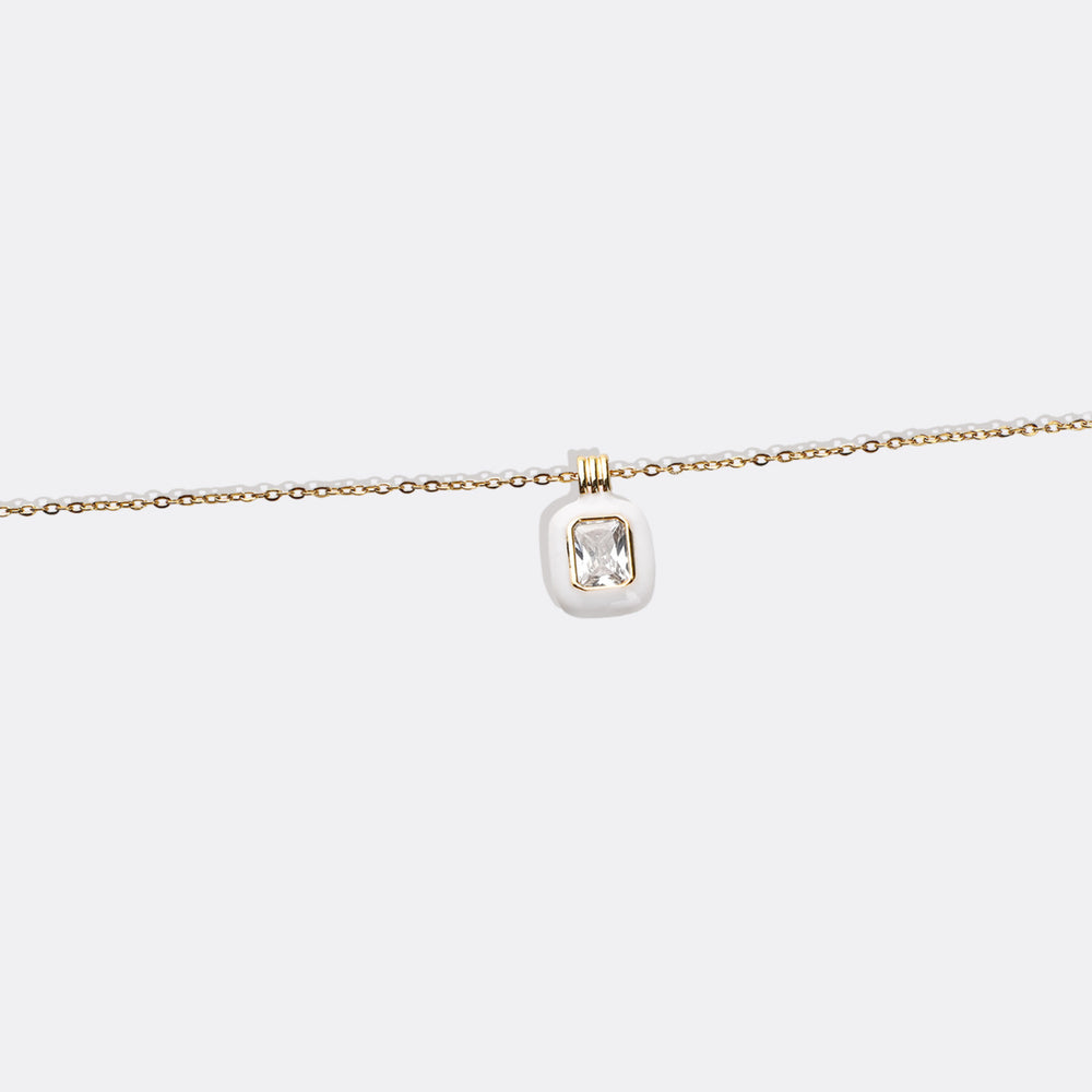 Emerald Cut Gemstone & Enamel Pendant Necklace - 18k Gold Plated / White