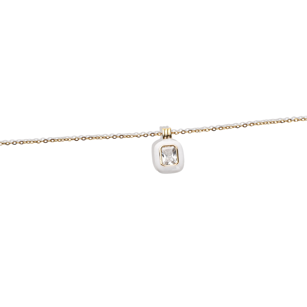 Emerald Cut Gemstone & Enamel Pendant Necklace - 18k Gold Plated / White