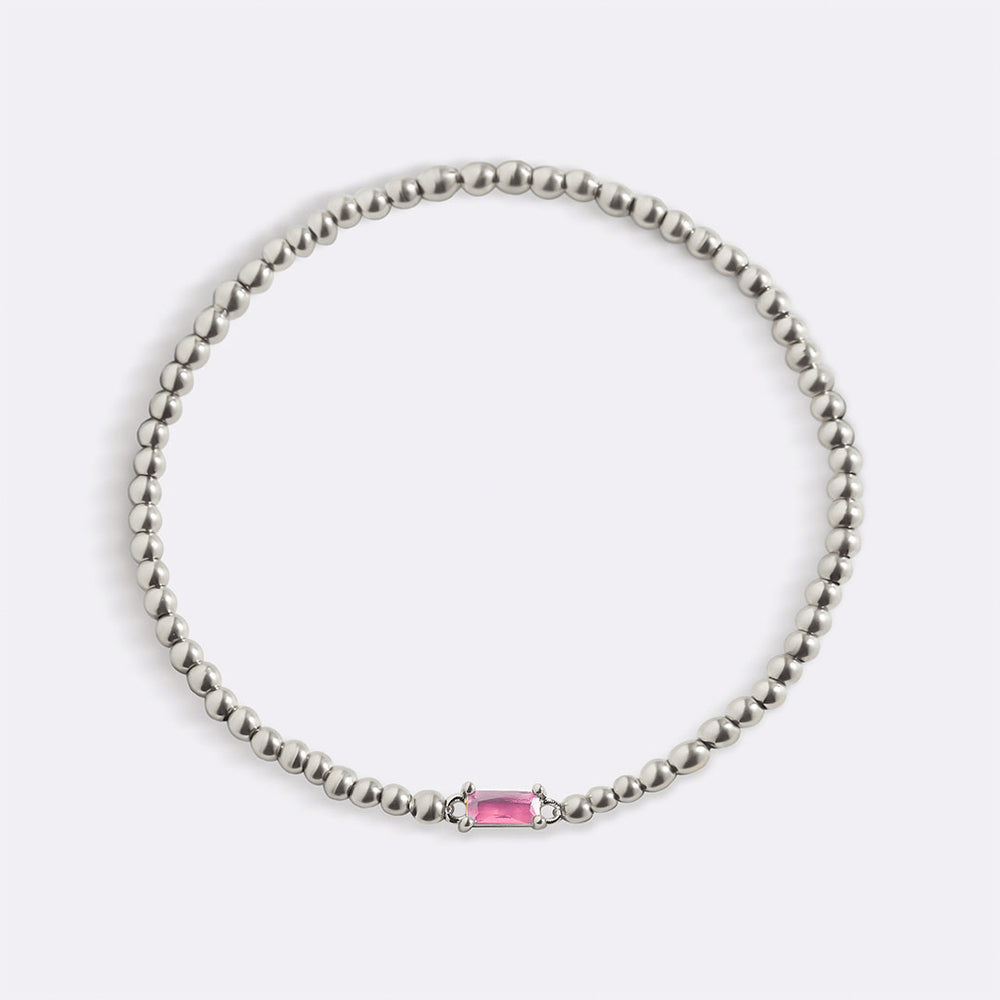 Sterling Silver Beaded Birthstone Bracelet - October Pink Tourmaline / 7.5"