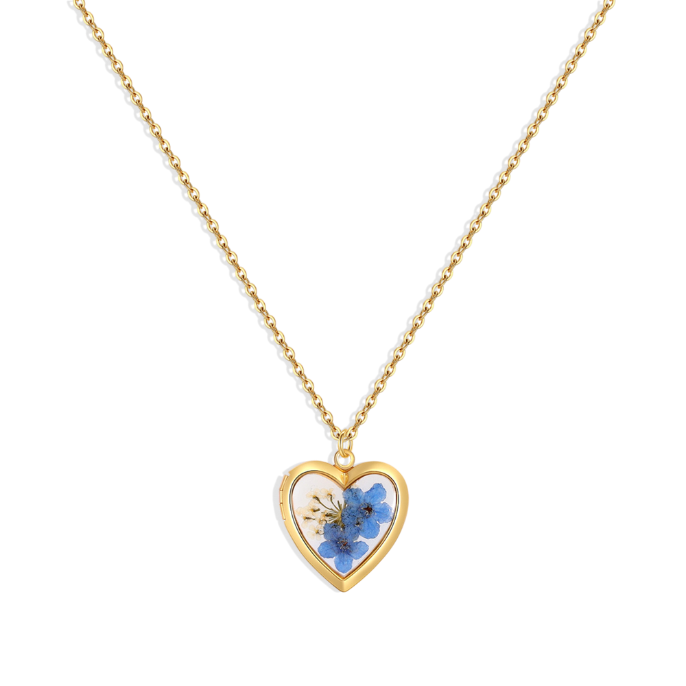Handmade Pressed Flower Photo Heart Locket - Gold / Blue Forget-Me-Not