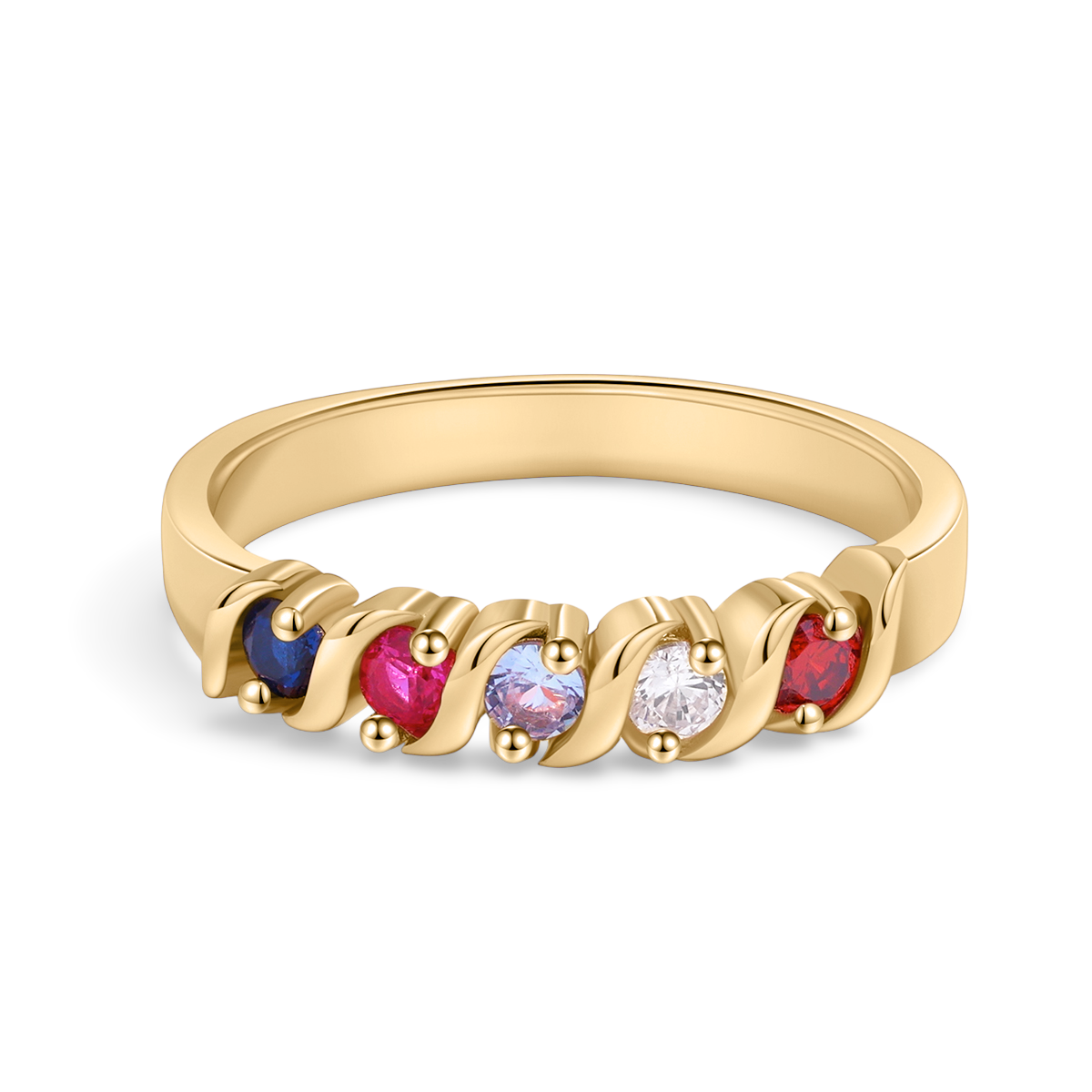 A gold-colored ring with a flowing wave design, featuring multicolored gemstones set along the band.