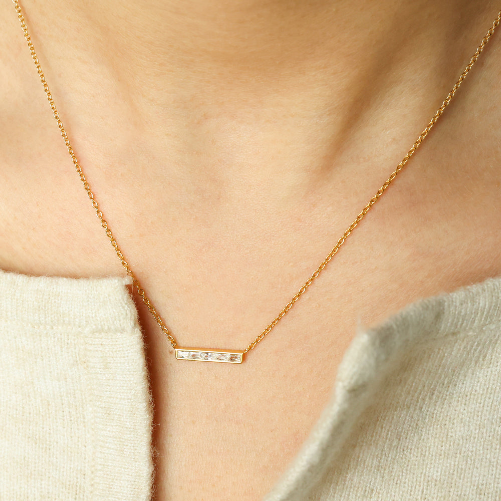 Dainty Crystal Bar Pendant Necklace - 18k Gold Over Sterling Silver