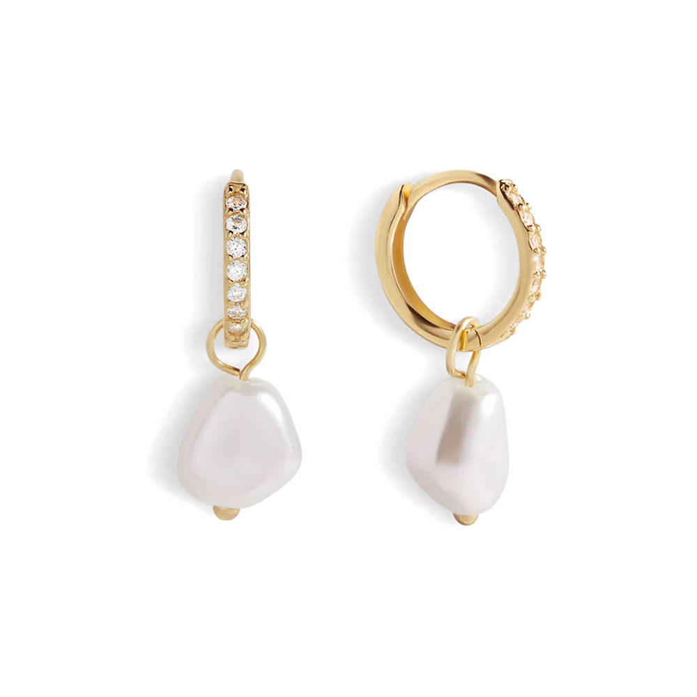 Freshwater Pearl Drop Pave Huggie Earrings - 18k Gold Over Sterling Silver