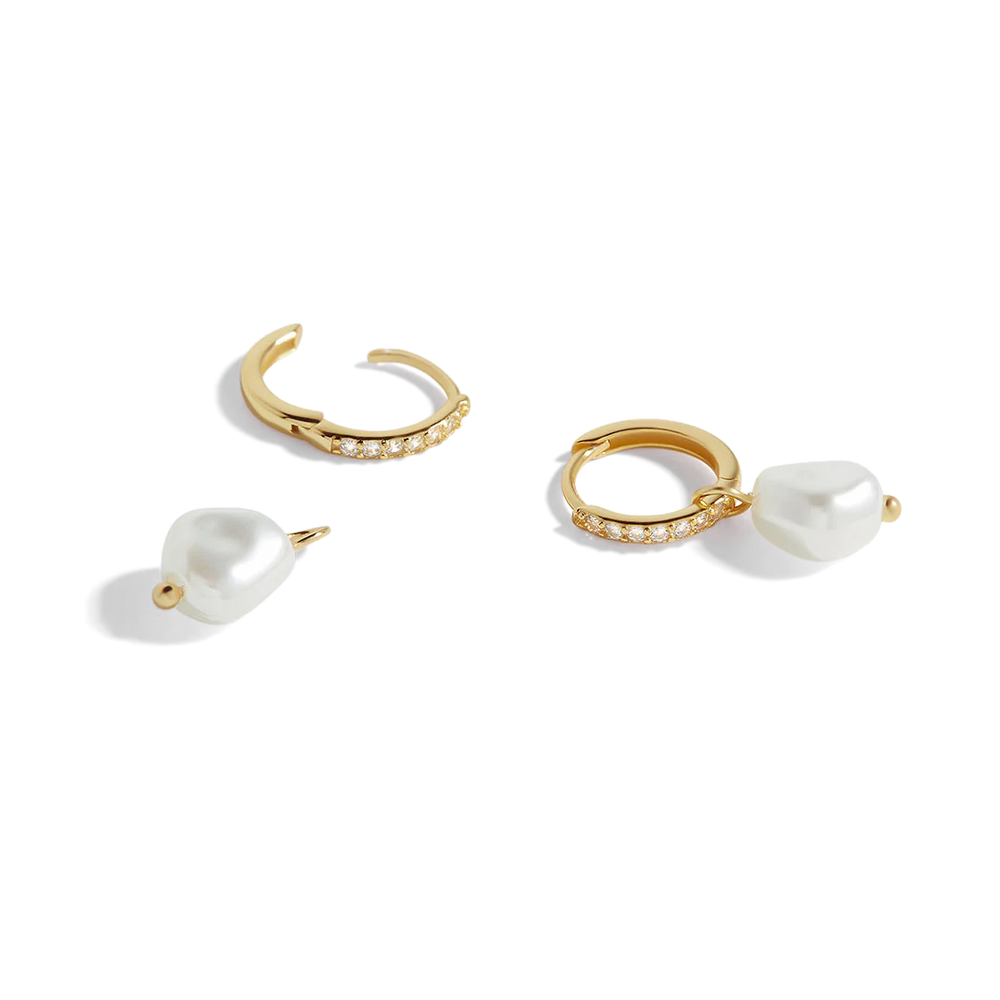 Freshwater Pearl Drop Pave Huggie Earrings - 18k Gold Over Sterling Silver