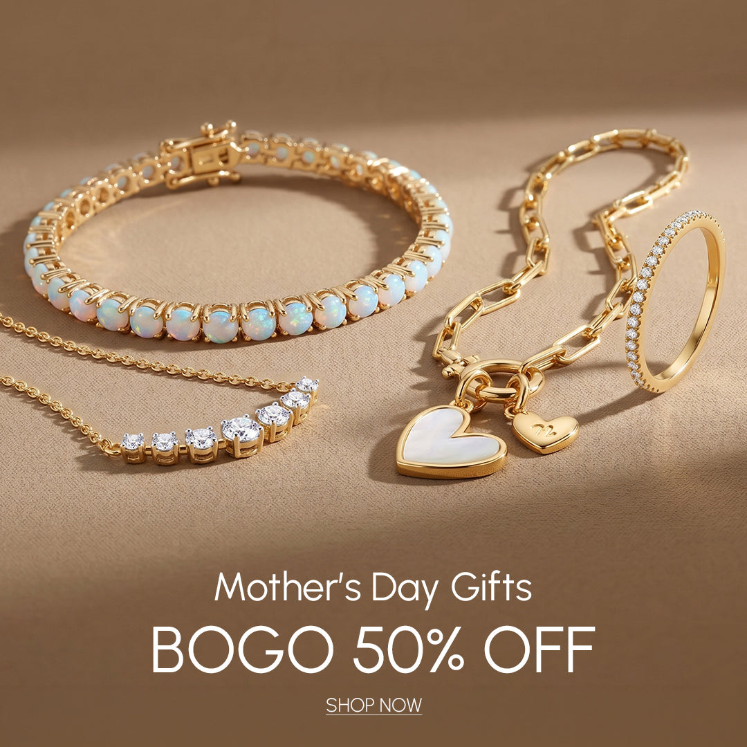 Gold jewelry set with heart charms on a beige background, featuring a Mother's Day gift offer.