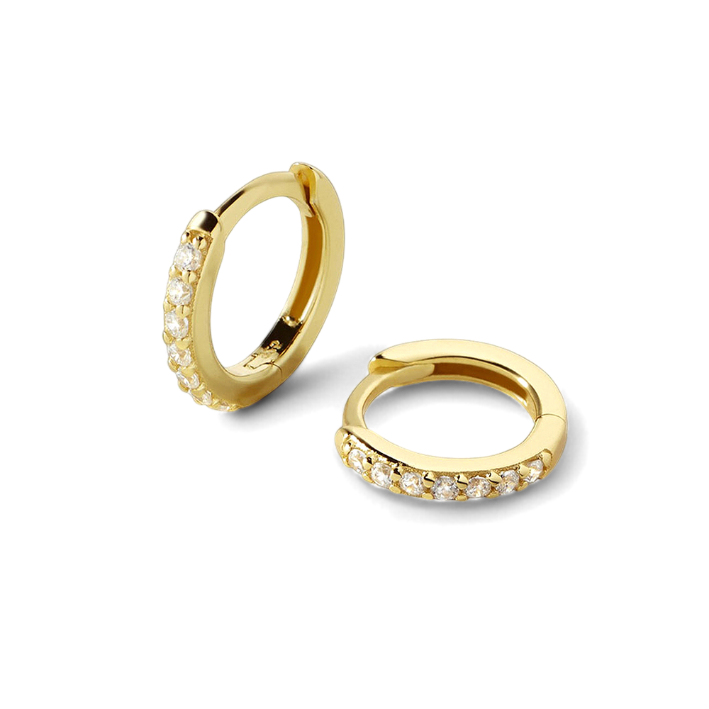 Gold hoop earrings with small diamonds on a light gray background
