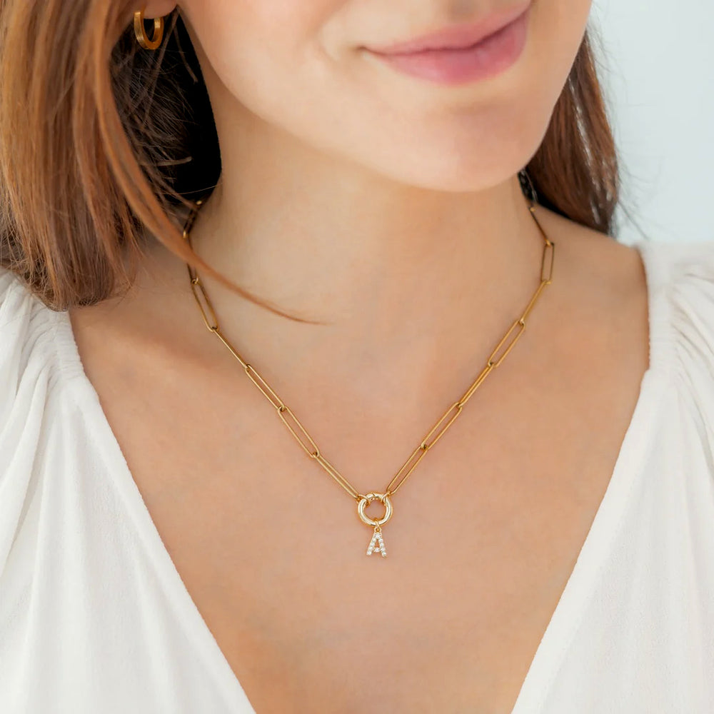 Pave Initial Charm with Charm Clasp Necklace - 18k Gold Plated / A