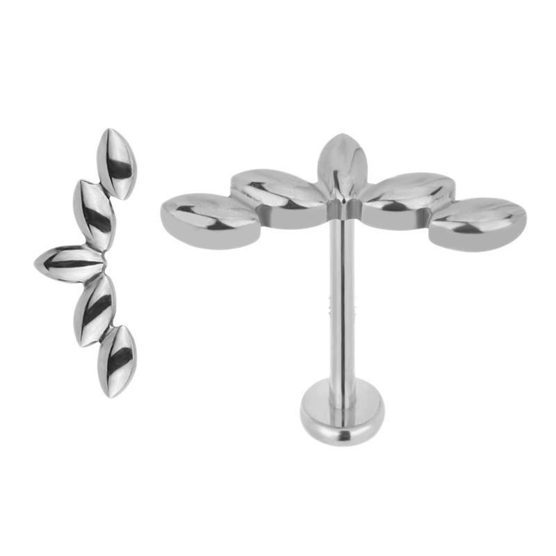 A single gold-colored labret stud with a bee design on a post.