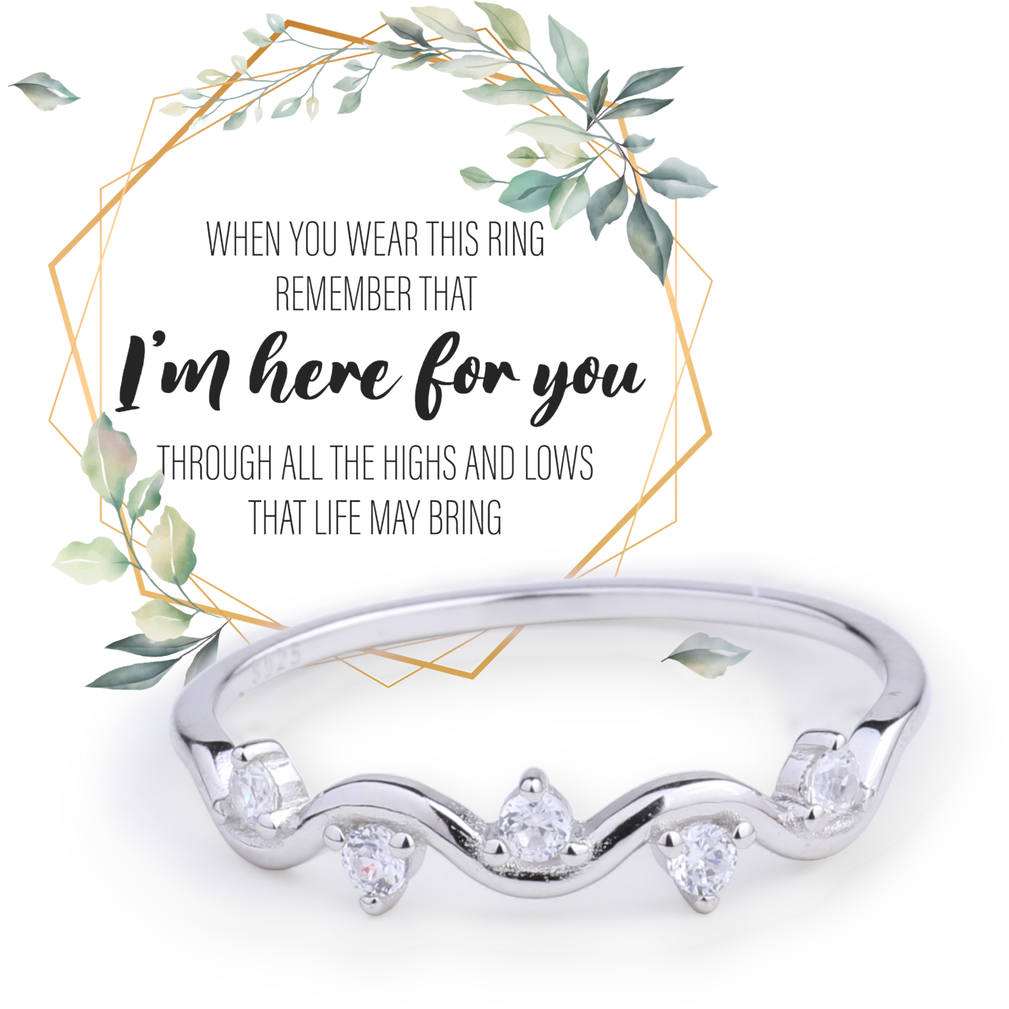 A silver-colored ring with a geometric design, featuring a band with diamonds set within it, surrounded by a leafy wreath with a textual card in the background stating 'A ring to represent the highs and lows of life'.